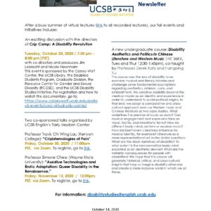 One-page newsletter of the Disability Studies Initiative featuring information on upcoming talks and classes.