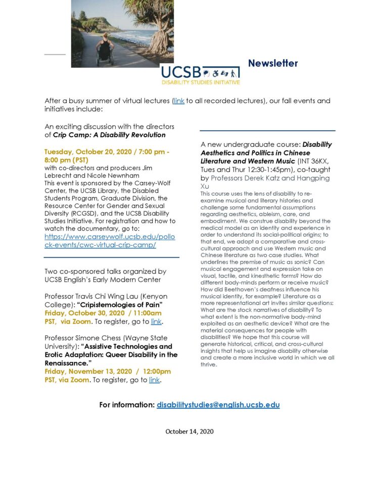 One-page newsletter of the Disability Studies Initiative featuring information on upcoming talks and classes.