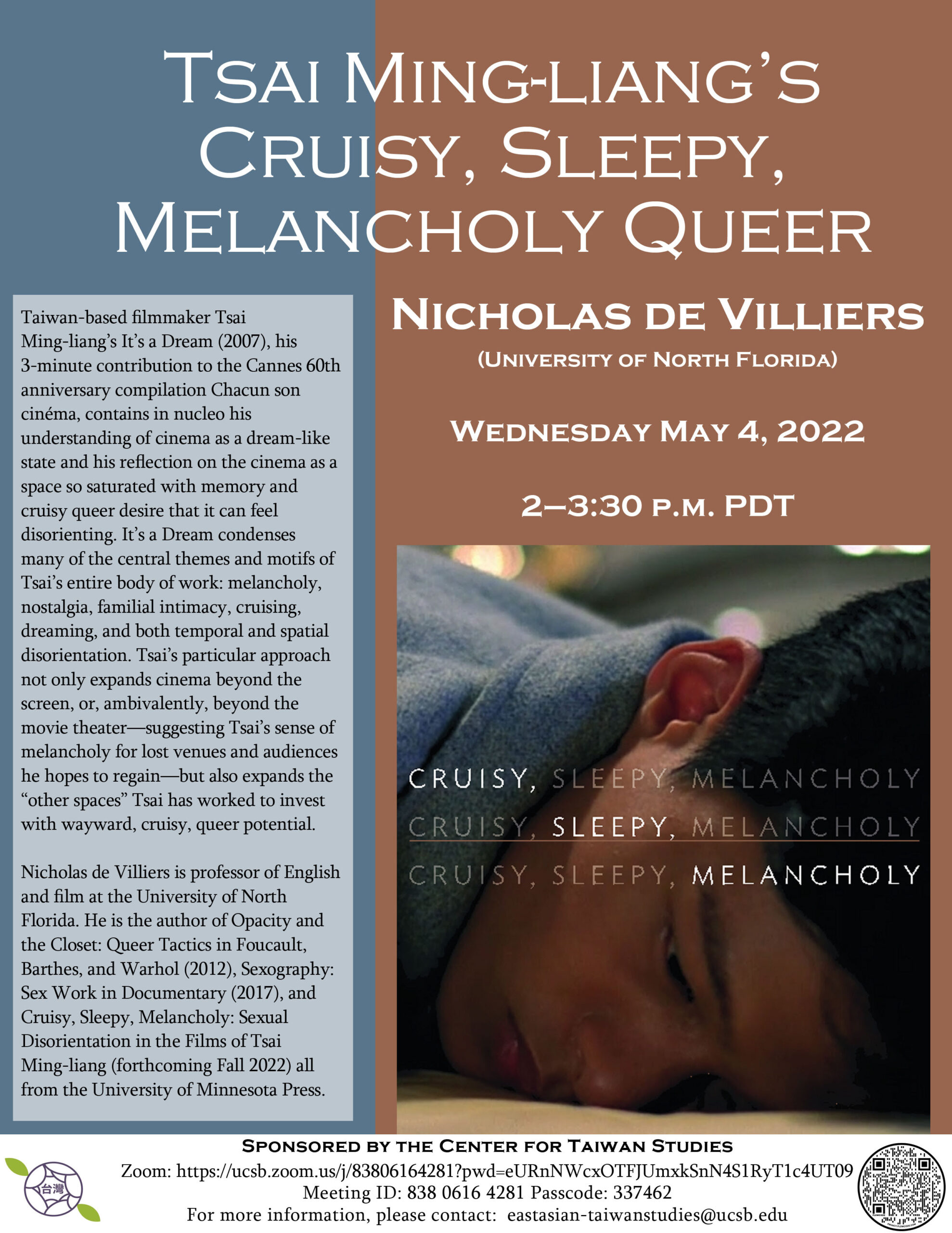 Flyer for "Tsai Ming-Liang's Cruisy, Sleepy, Melancholy Queer" with Nicholas de Villiers on May 4, 2022 from 2-3:30PM on Zoom