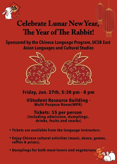 Red poster with black text, featuring two outlines of rabbits in the center. Text provides information about the event: Friday, January 27, 5:30-8:00pm at the Student Resource Building's Multi Purpose Room. Tickets are $5/person.