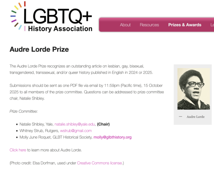 Screenshot of the webpage for the Audre Lorde Prize on the LGBTQ+ History Association's website.