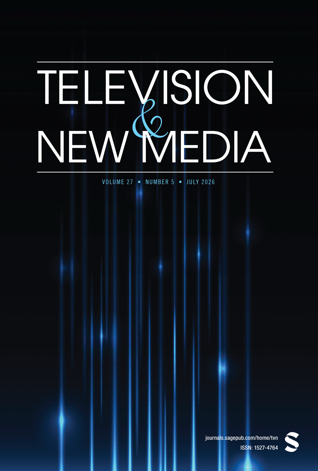 Cover image of the journal "Television and New Media, white text on black background with vertical lines of faded blue.